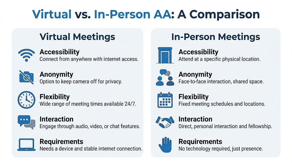 A comparison chart outlining the key differences between virtual and in-person Alcoholics Anonymous meetings.