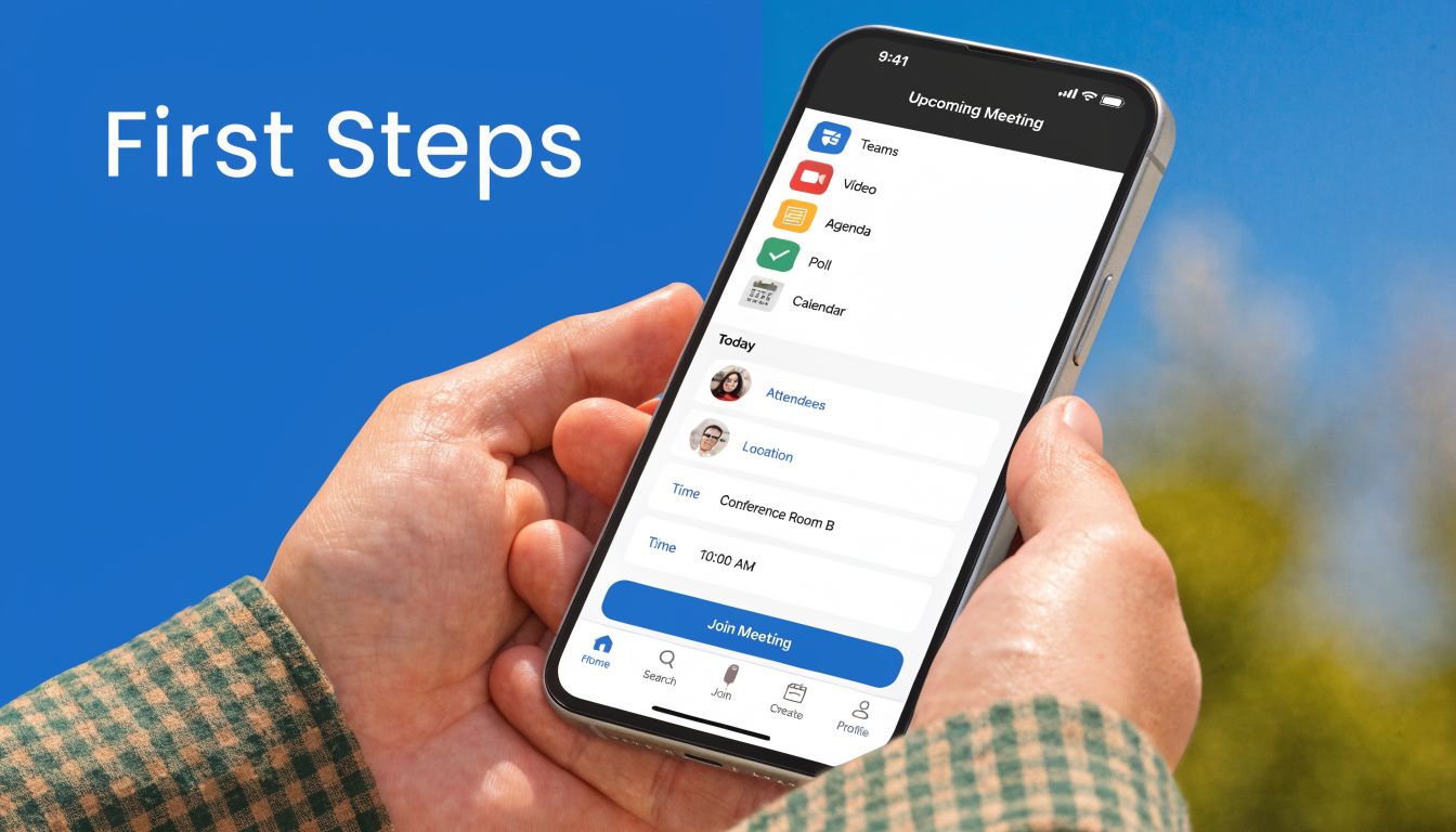 A person holding a smartphone displaying an upcoming virtual meeting schedule app on a bright sunny day.
