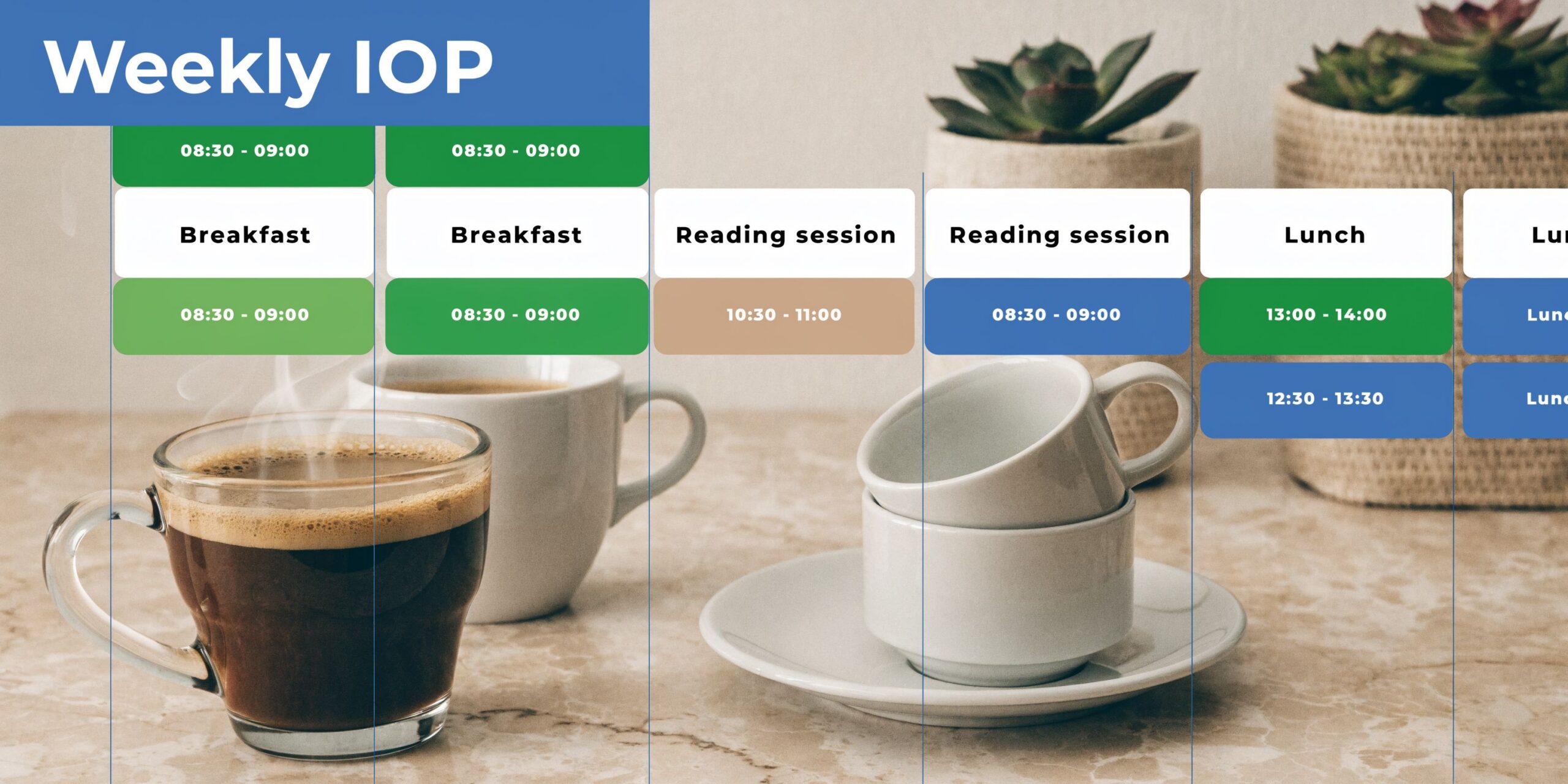 A Weekly IOP schedule chart displayed over a cozy image of coffee cups and office decor.