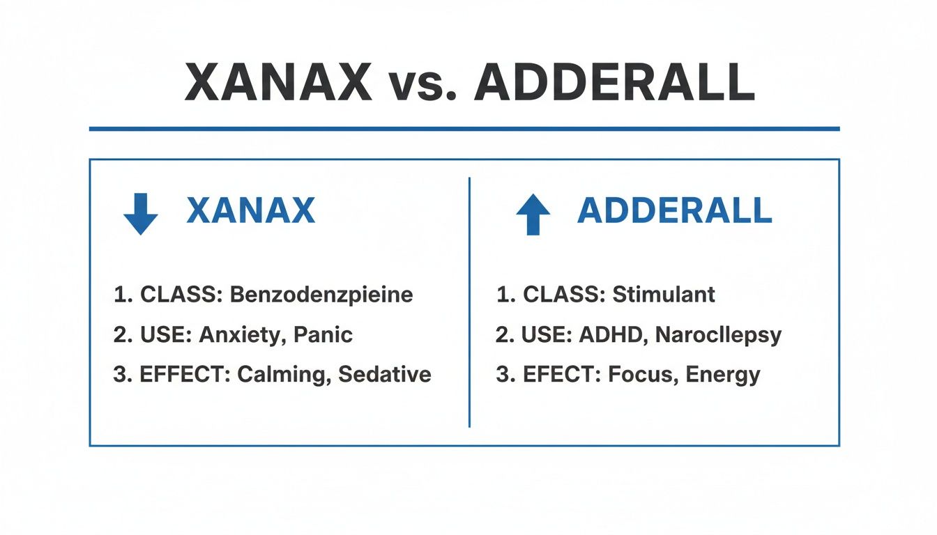 A comparison table detailing Xanax and Adderall's drug class, uses, and effects.