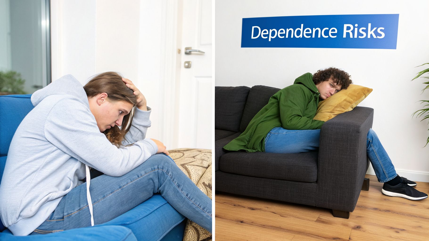 Two people appearing distressed and fatigued, one next to a 'Dependence Risks' sign, illustrating potential struggles.