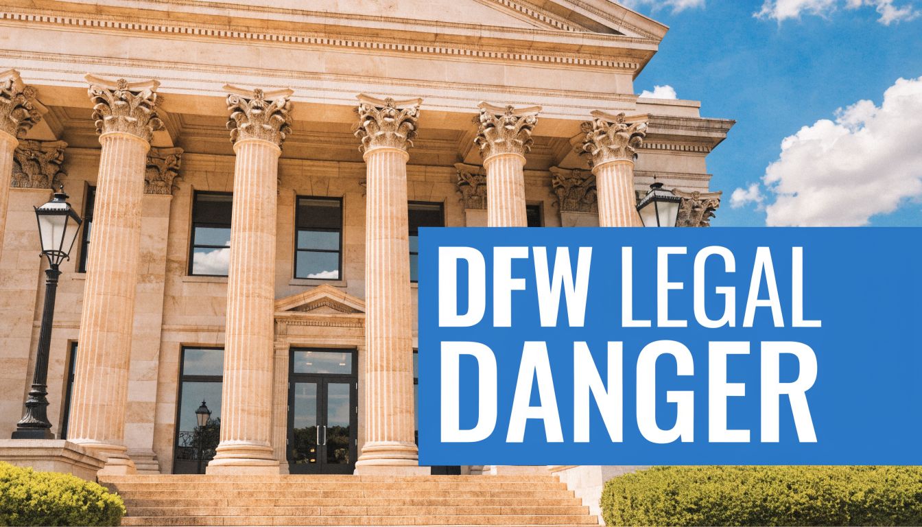 A grand courthouse building exterior with the bold text DFW LEGAL DANGER overlaid on the image.
