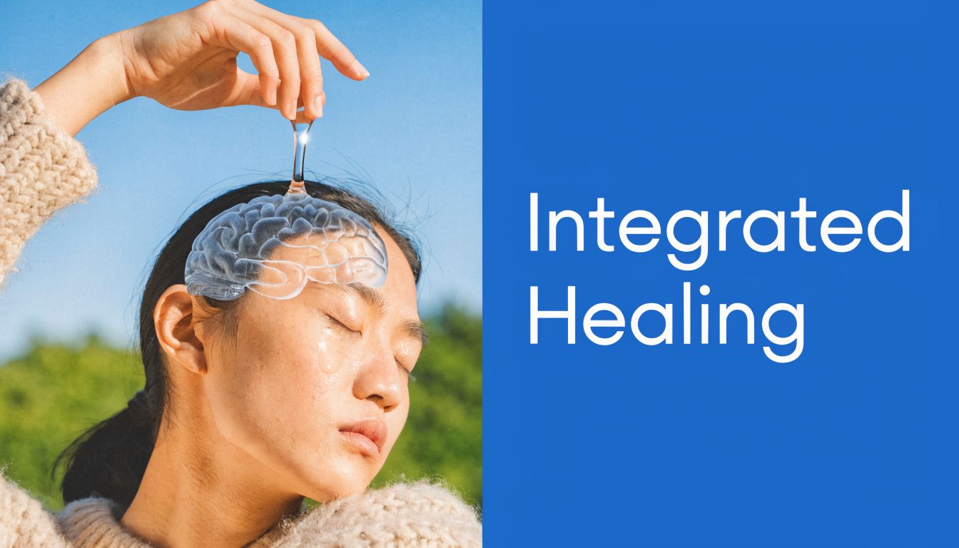 A conceptual image of a woman with a transparent brain model being placed on her forehead for healing.