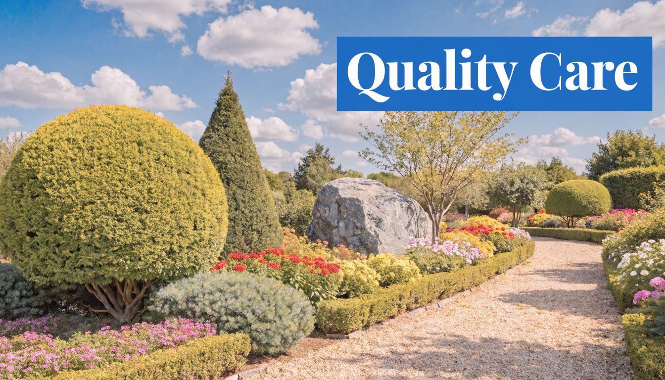 A beautifully landscaped garden with trimmed bushes, colorful flowers, a large rock, and a gravel pathway.