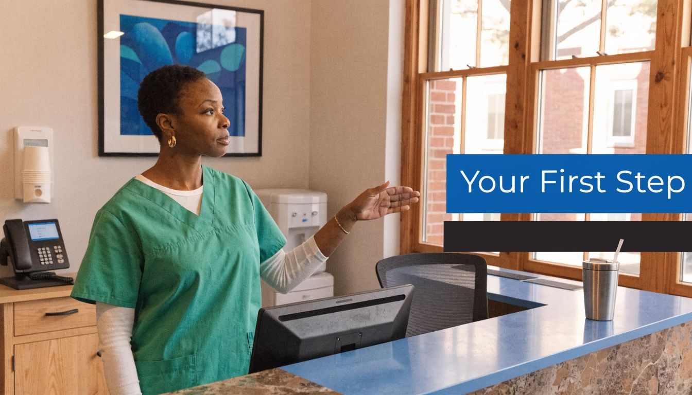 A professional receptionist in green scrubs welcoming visitors at a modern front desk in a facility.
