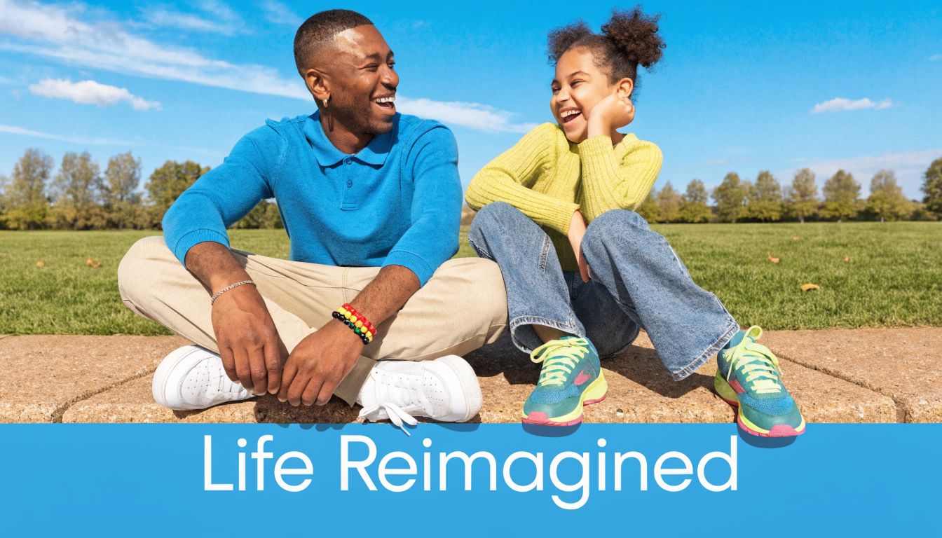 A smiling father and daughter laughing while sitting together on a sidewalk in a sunny park.