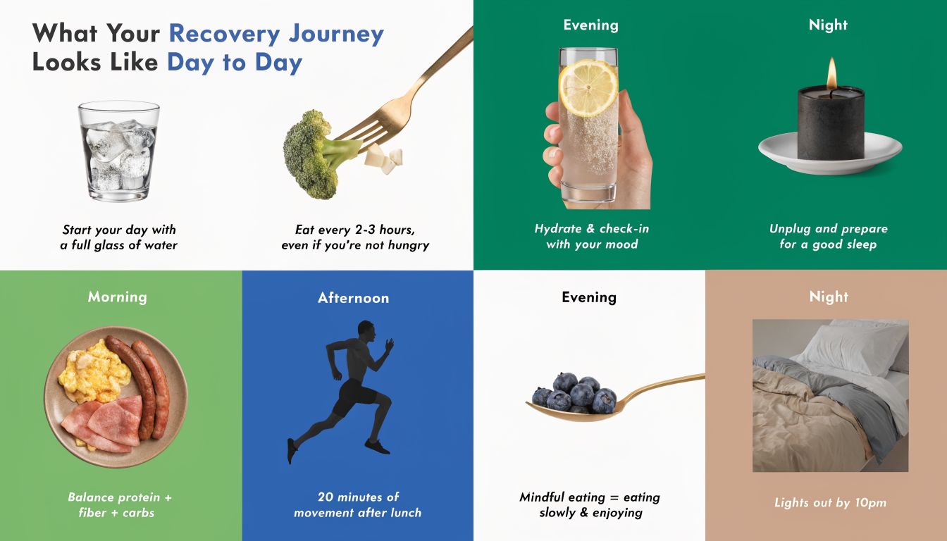 An infographic detailing a daily healthy routine for depression and substance abuse recovery with icons.