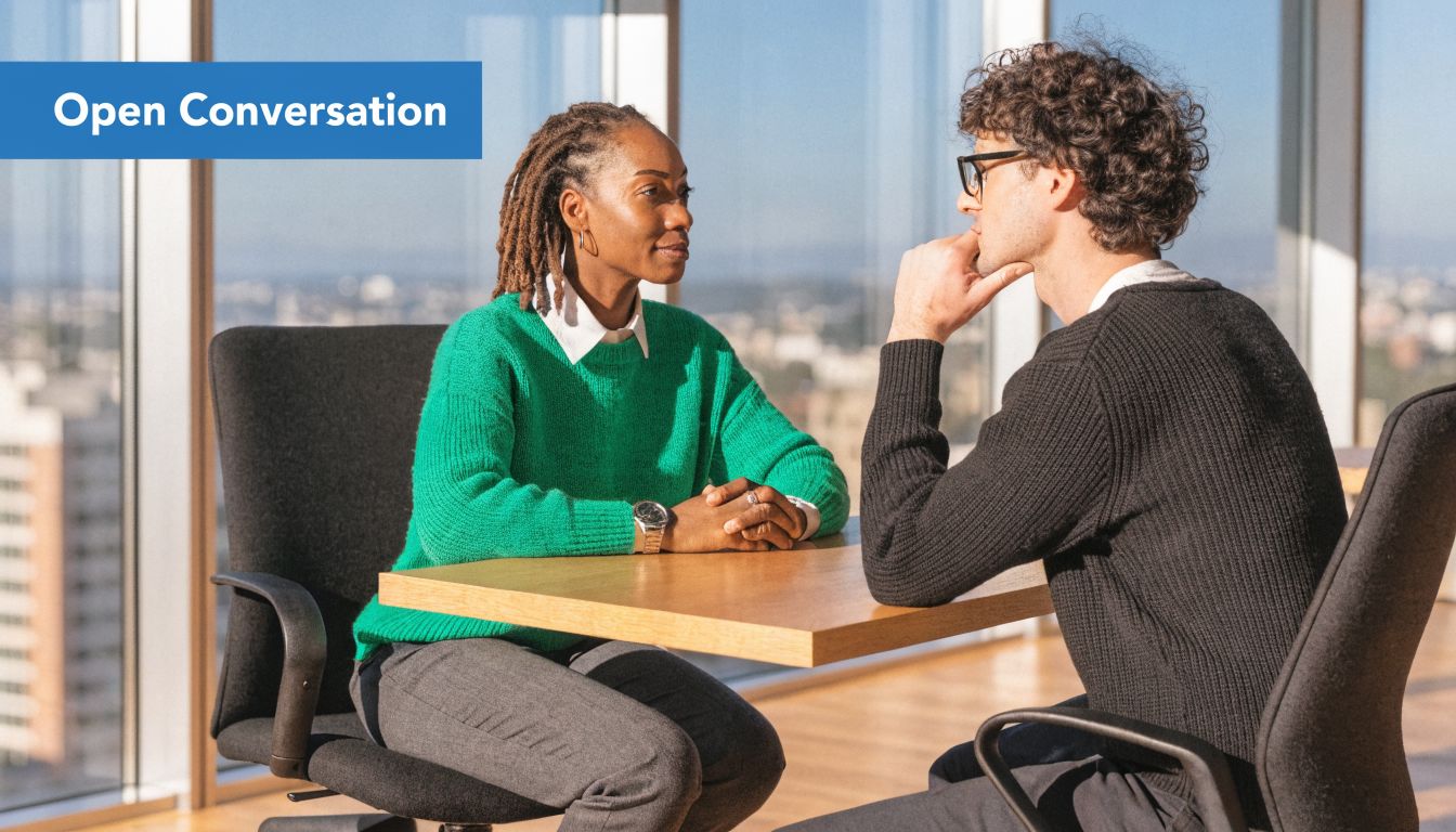 A professional woman in a green sweater talking with a colleague in a bright office meeting.