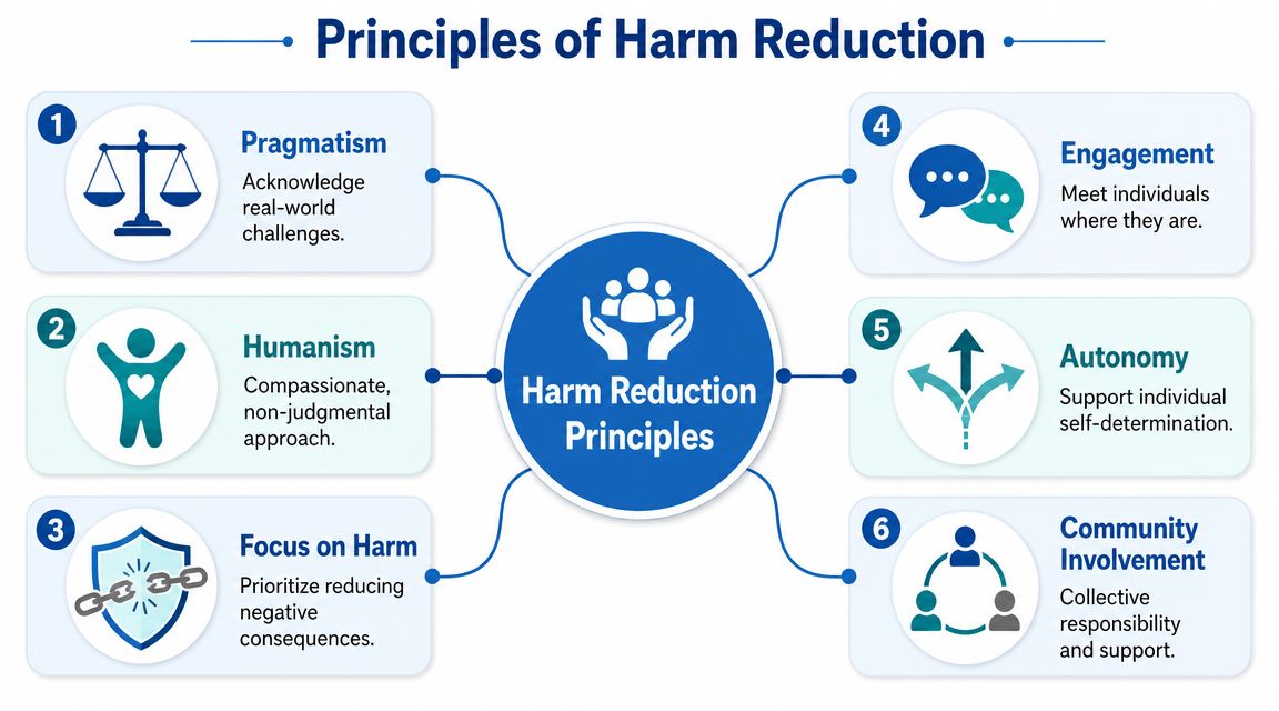 A diagram outlining six key principles of harm reduction, including pragmatism, humanism, autonomy, and community involvement.