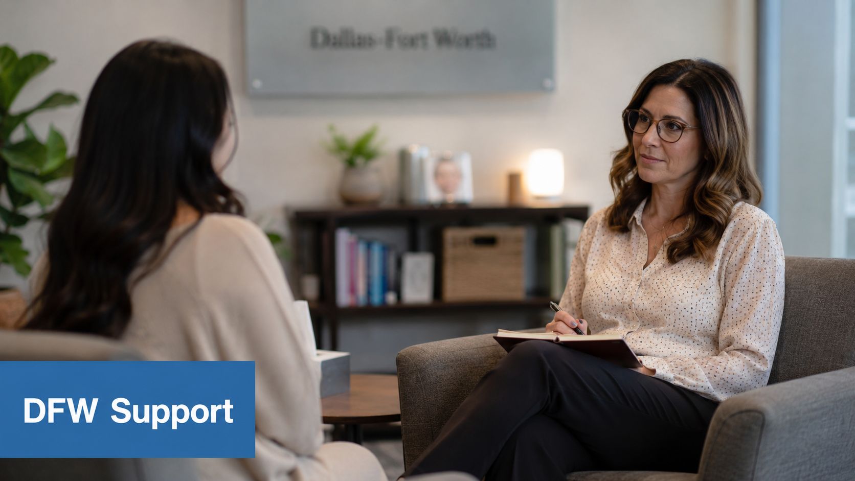 A professional therapist sitting in an office chair taking notes while listening to a patient during therapy.