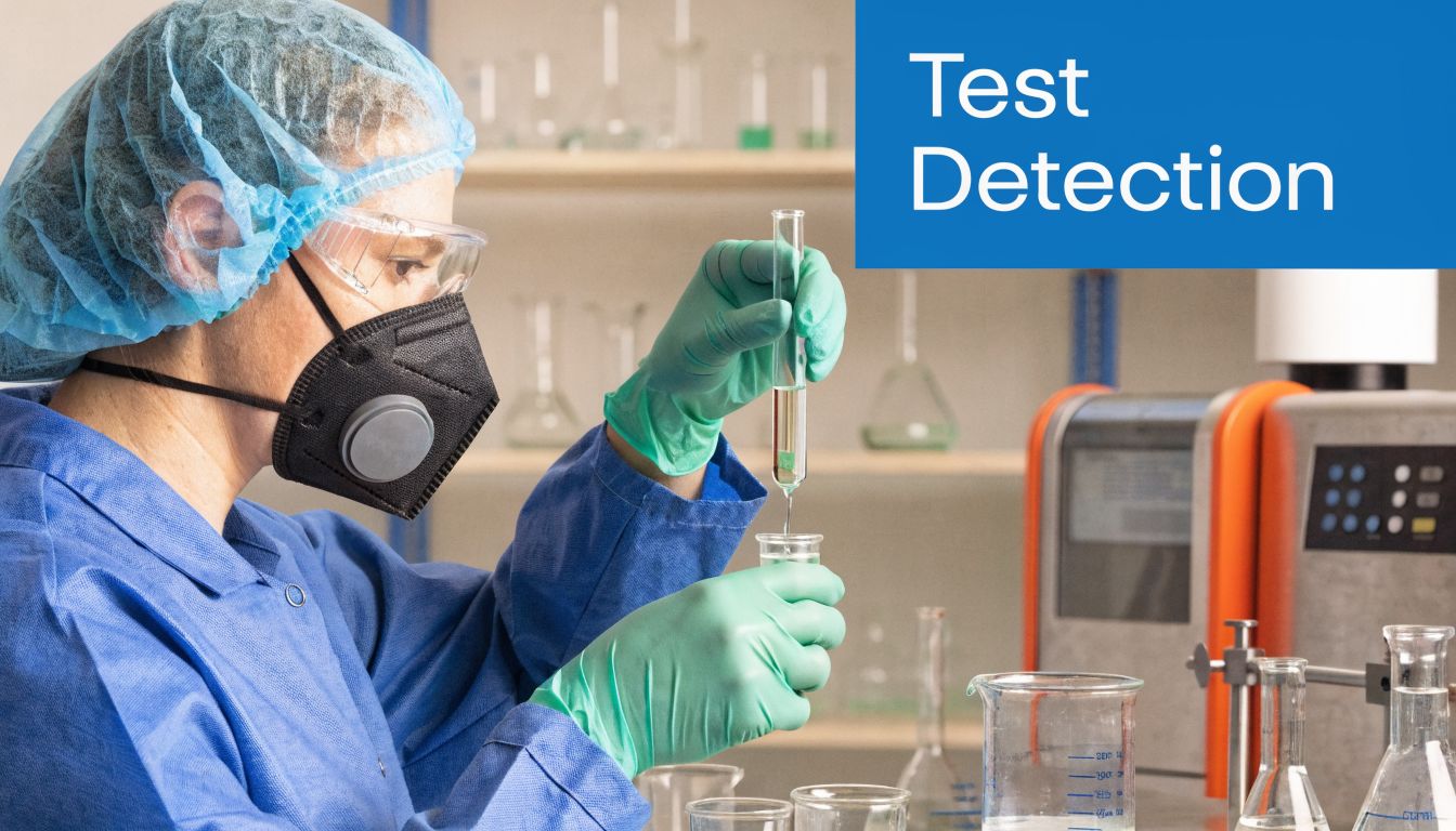 A scientist in a laboratory environment wearing protective gear and a mask, conducting a chemical experiment.