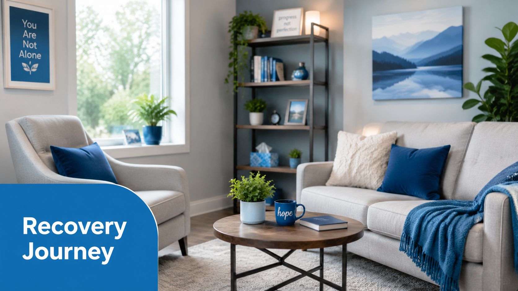 A cozy, comfortable therapy office with a sofa, chair, and hopeful decor to support the recovery journey.