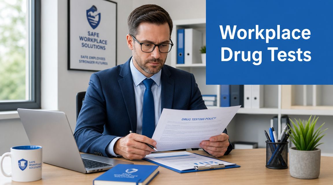 A professional man in a business suit reviewing a drug testing policy document at his office desk.