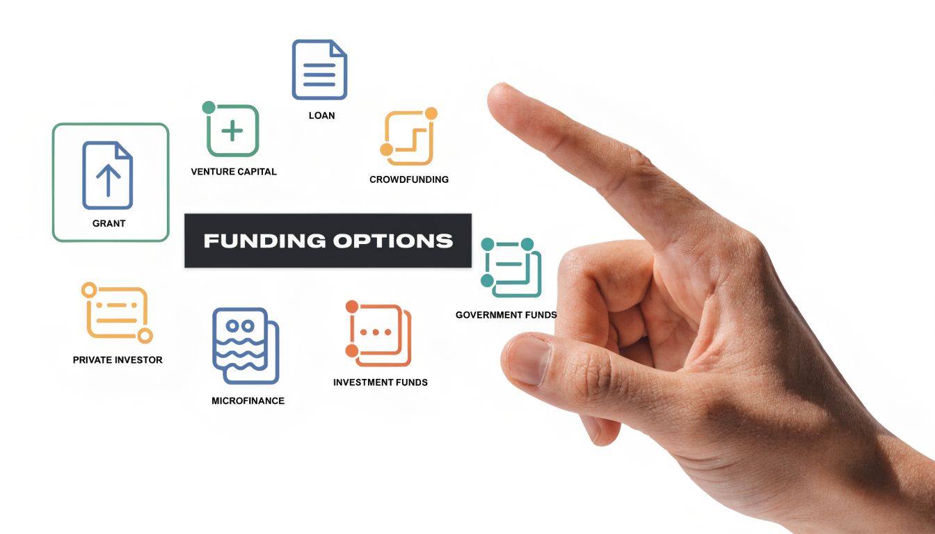A hand pointing to a digital infographic display showing various business funding options for entrepreneurs.