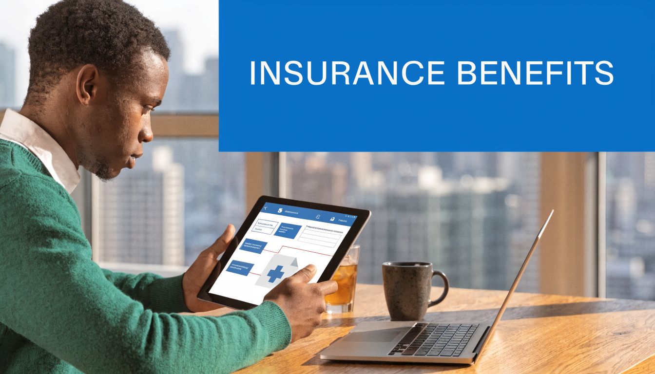 A young man sitting at a desk reviewing insurance benefit information on a digital tablet computer.