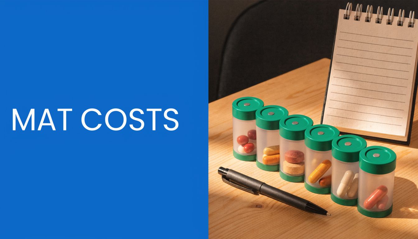 A notepad, a black pen, and six small containers filled with various pills on a wooden table.
