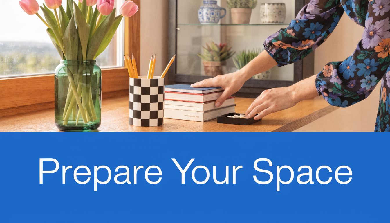 A person organizing a desk with flowers, books, and pens near a window in a bright room.