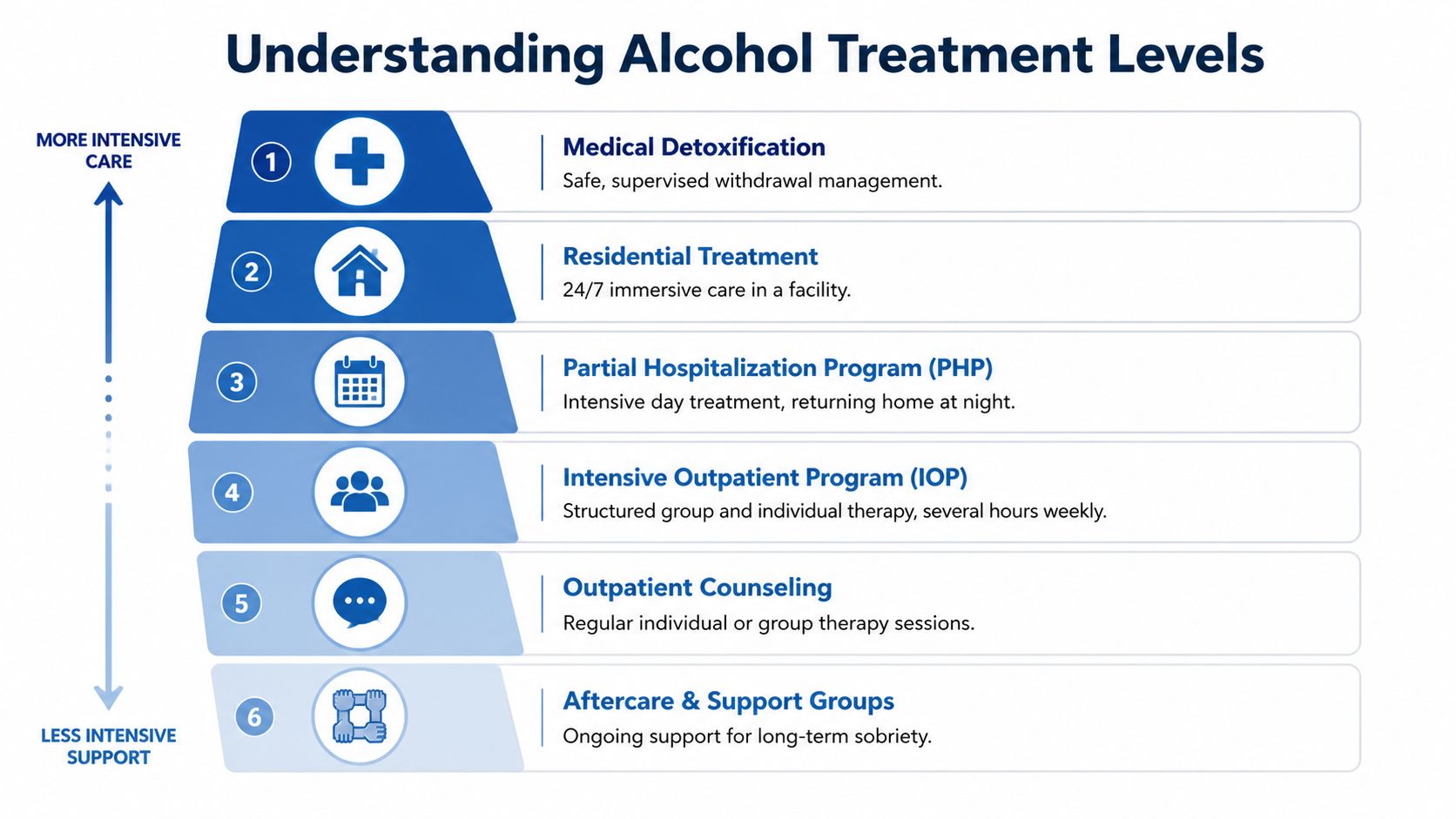 A hierarchical chart illustrating six levels of alcohol treatment, ranging from intensive medical detoxification to ongoing support groups.