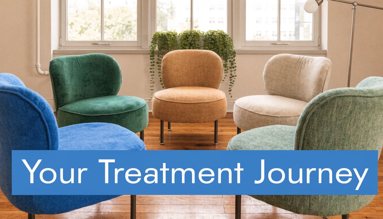 A circle of colorful chairs in a bright room representing an outpatient mental health treatment group session.