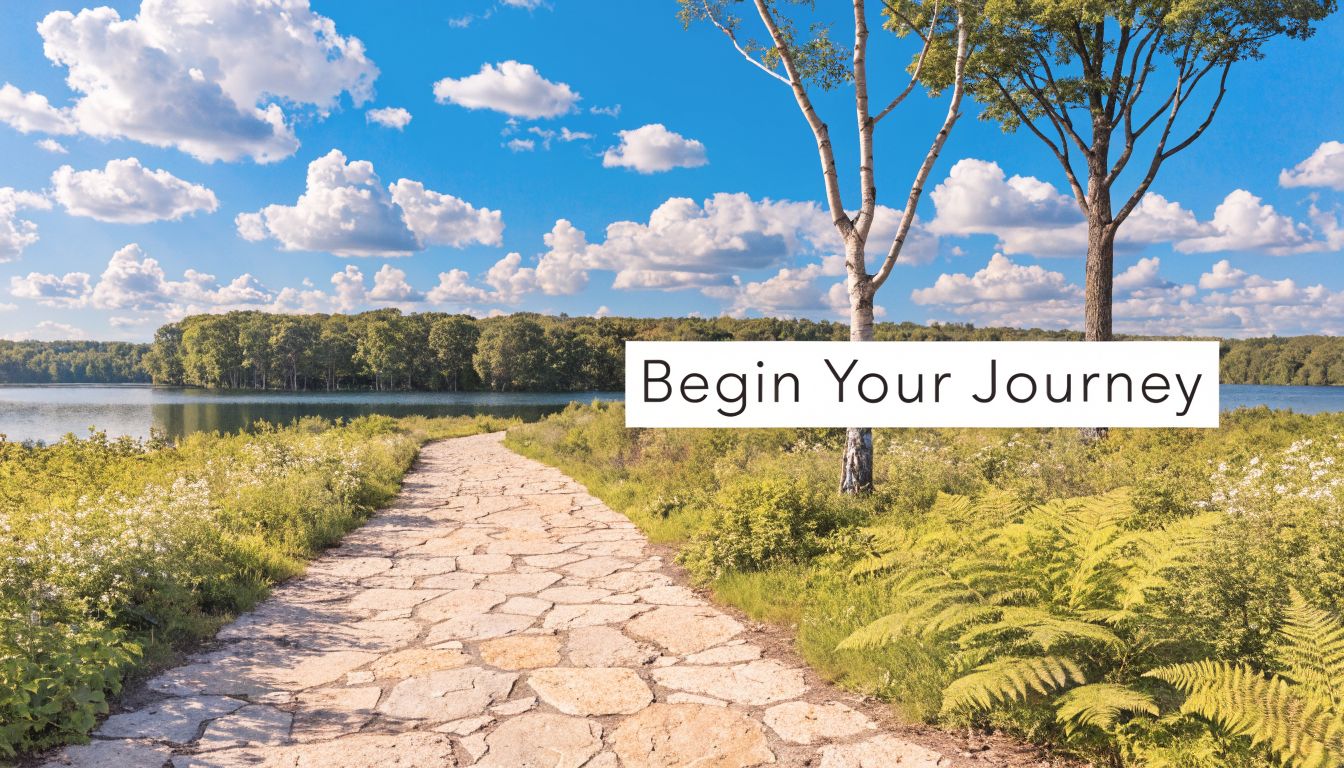 A scenic stone path winding through lush greenery toward a peaceful lake under a bright blue sky.