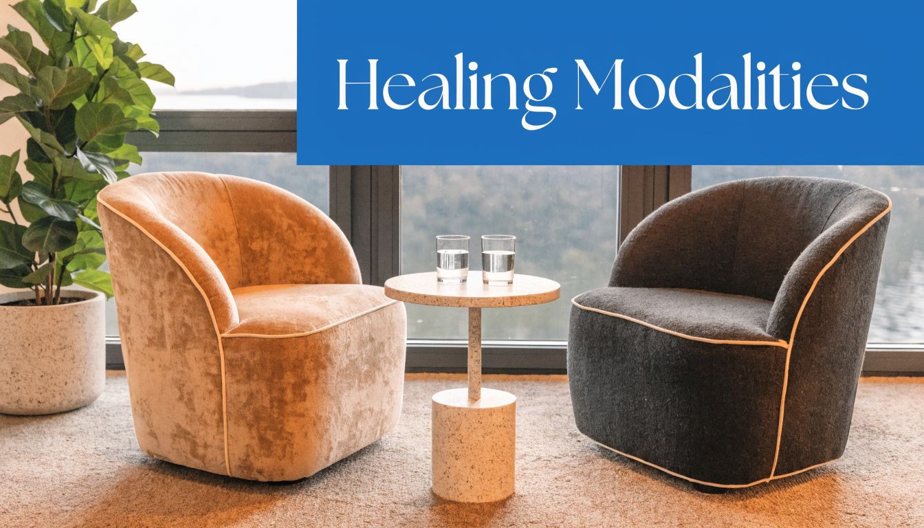 Two armchairs and a small table set in a peaceful room designed for therapy and healing sessions.