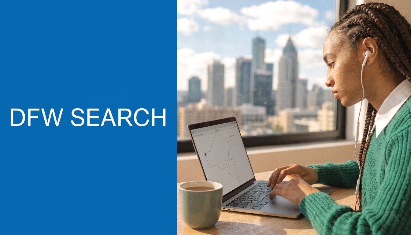 A person with braided hair using a laptop by a window overlooking a sunny city skyline.