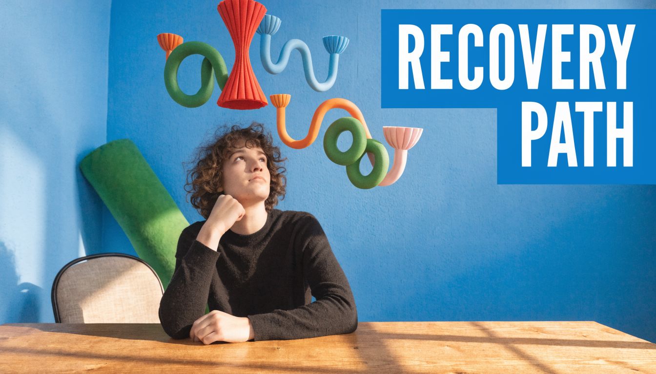 A pensive person sits at a wooden desk with abstract colorful shapes floating above their head.