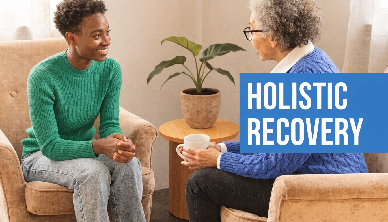 A young woman and an older woman sitting in chairs during a supportive therapy conversation.