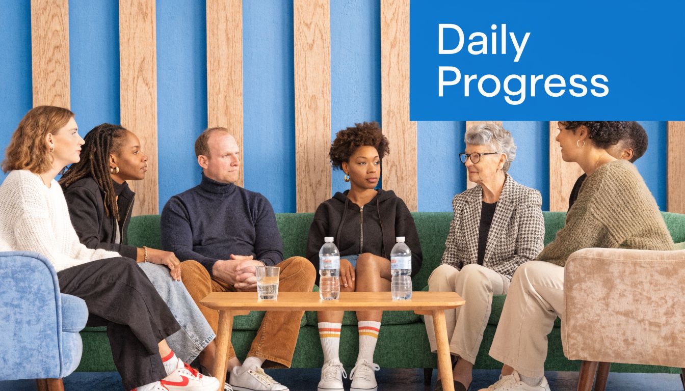A diverse group of people sitting on a sofa and chairs in a support group meeting.