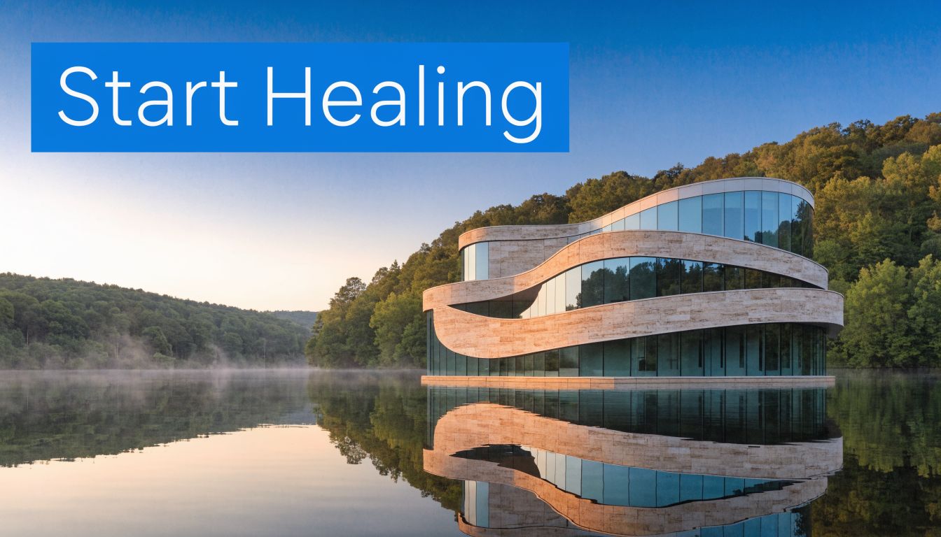 A modern curved architectural building reflecting on a calm misty lake surrounded by a lush forest.