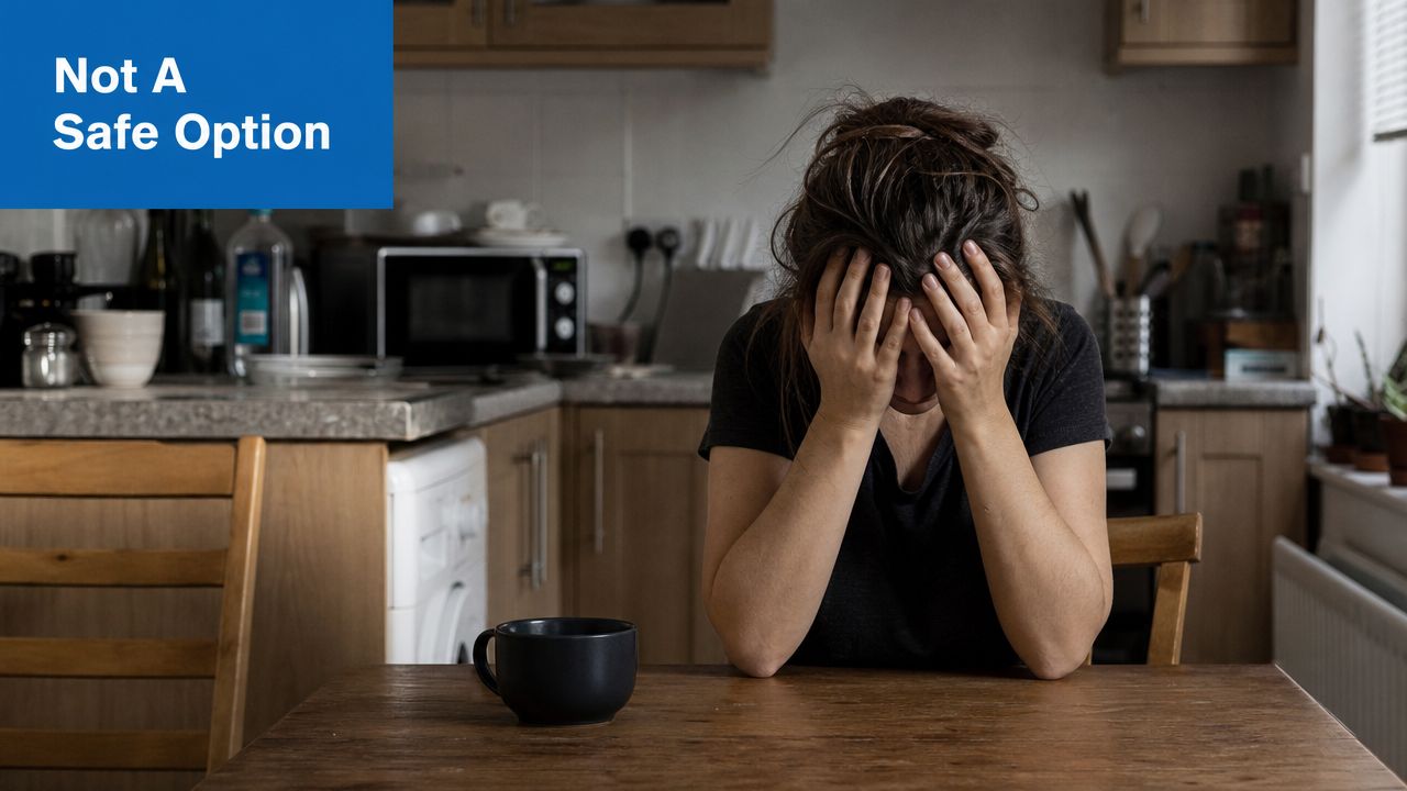 A distressed woman sitting at a kitchen table with her head in her hands, appearing overwhelmed.