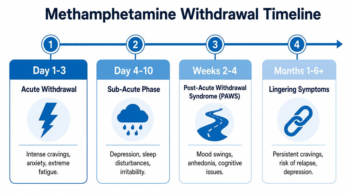 A timeline graphic showing the four stages of methamphetamine withdrawal from the first day to six months.