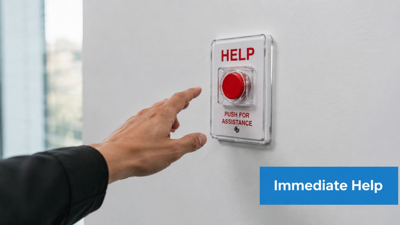 A person reaching out to press a red help button mounted on a plain white wall.
