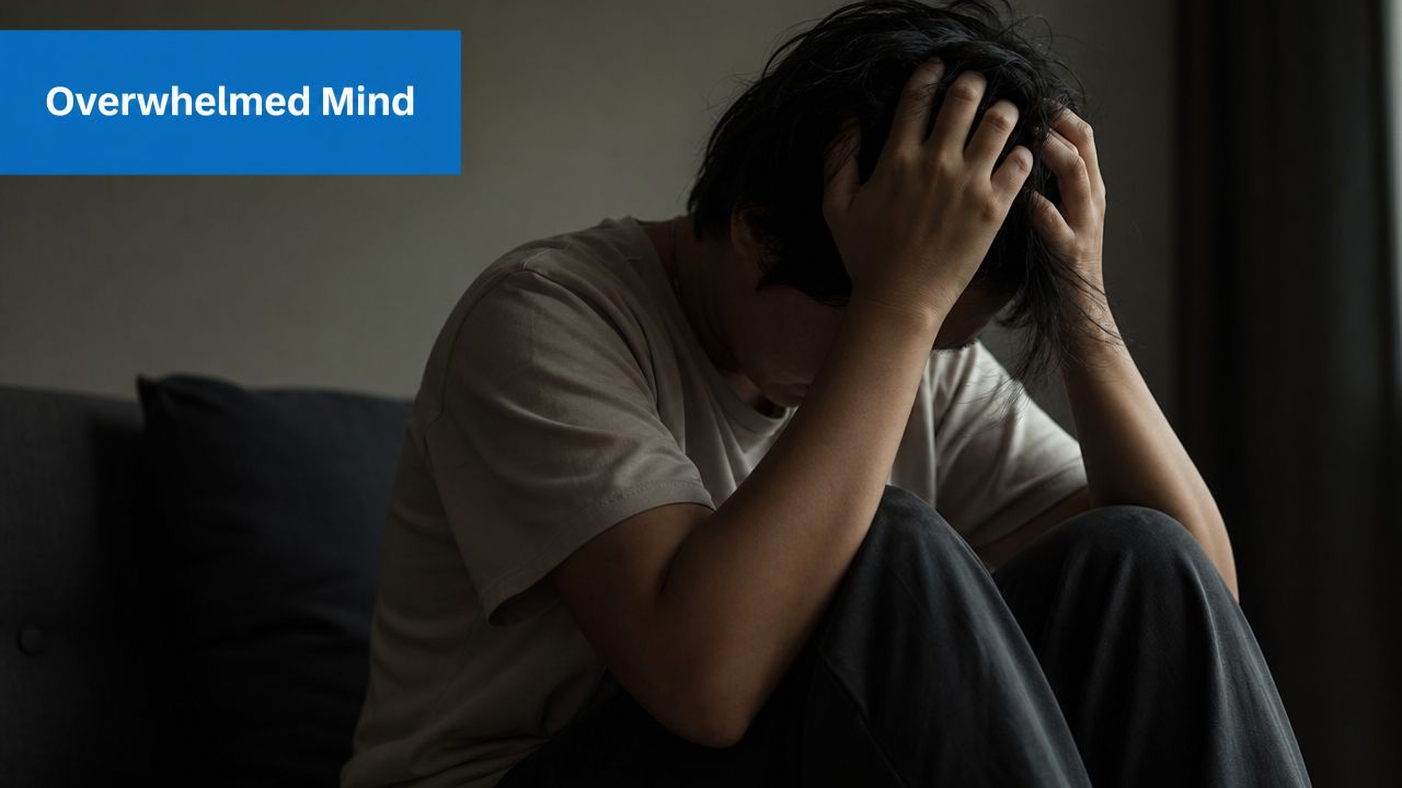 A distressed person sitting on a sofa with their head in their hands feeling mentally overwhelmed.