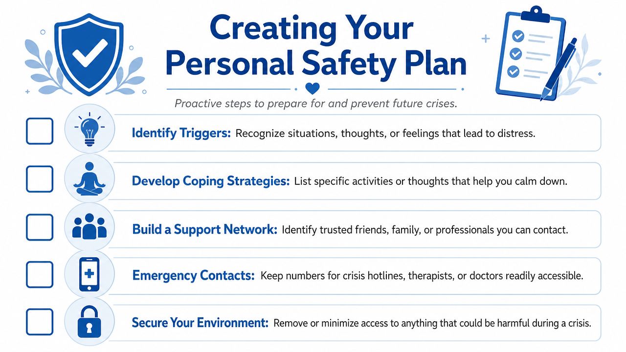 An infographic titled Creating Your Personal Safety Plan, listing five proactive steps for managing mental health crises.