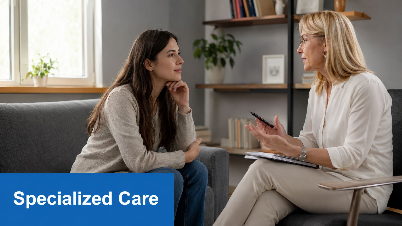 A professional therapist having a supportive counseling session with a young female patient in a quiet office.