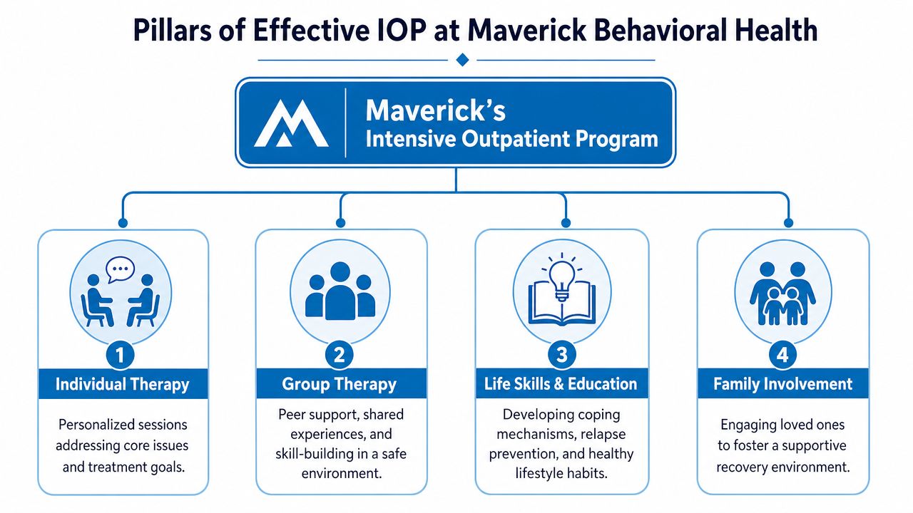 A diagram outlining the four core pillars of the Intensive Outpatient Program at Maverick Behavioral Health.
