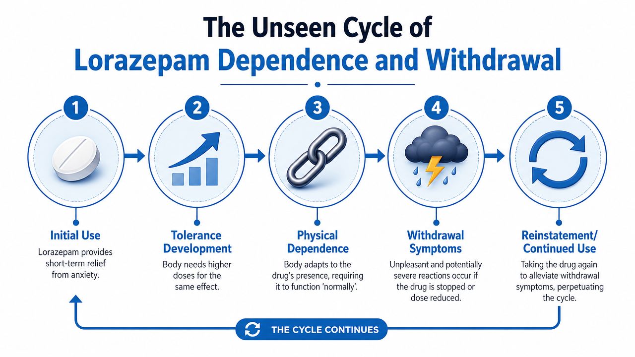 A five-step infographic showing the cyclical process of lorazepam dependence, tolerance, withdrawal, and continued drug use.