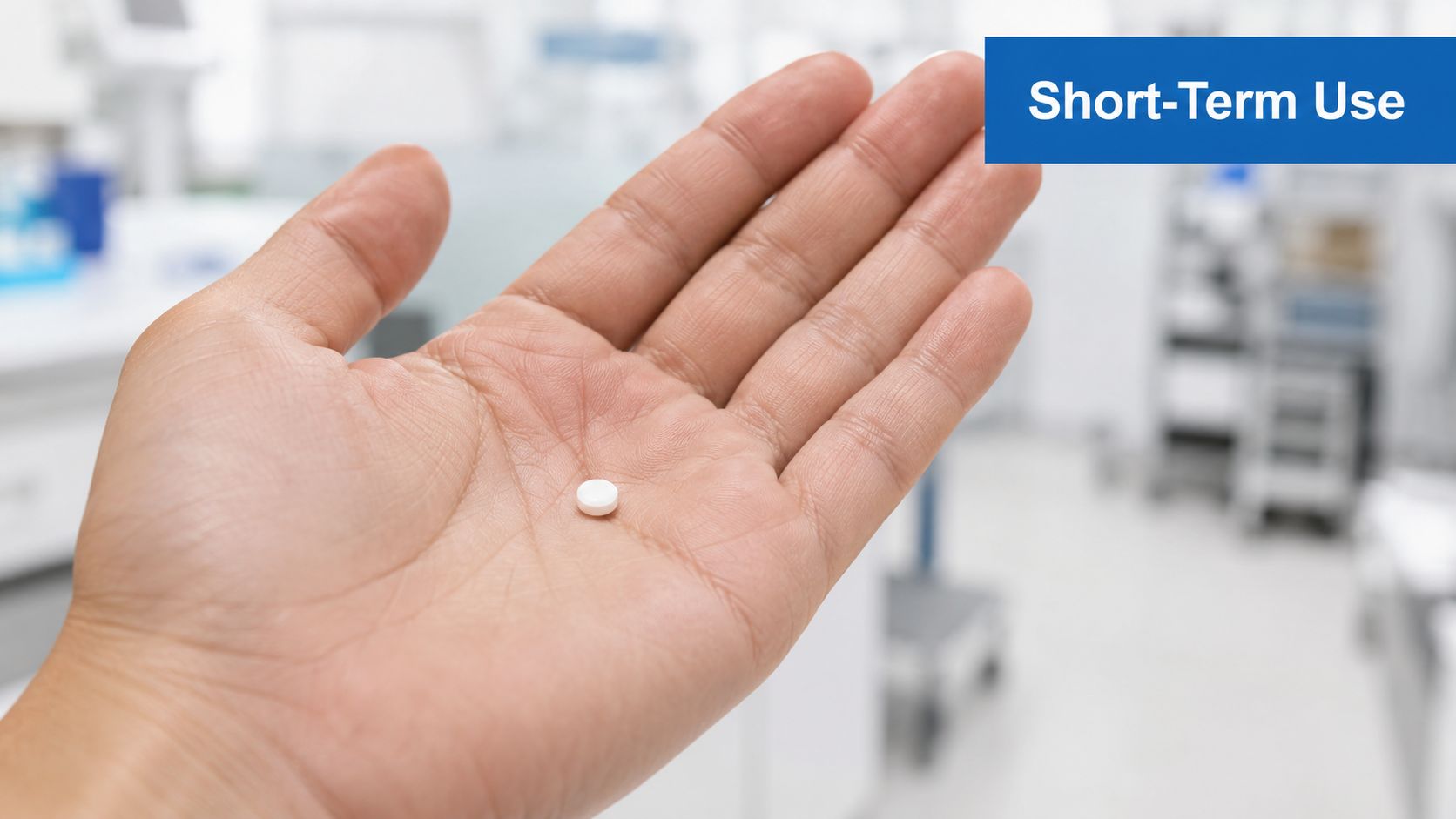 A person holding a small white medication pill in their open palm inside a medical facility.