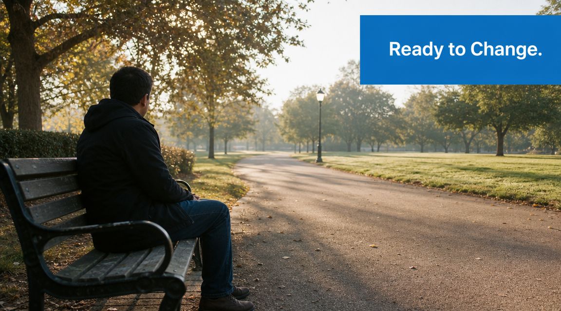 A person sits alone on a park bench, looking out at a path, symbolizing reflection and change.