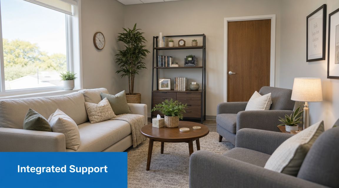 A cozy, well-lit therapy office featuring a comfortable couch, armchairs, and calming decor for patient support sessions.