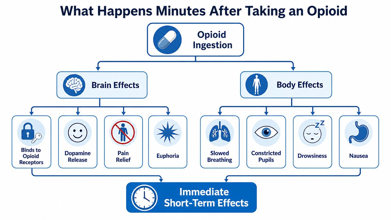 An infographic showing the brain and body effects that occur minutes after taking an opioid medication.