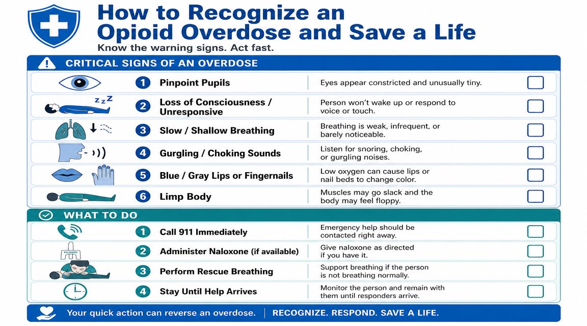 A safety infographic titled How to Recognize an Opioid Overdose and Save a Life featuring signs and actions.